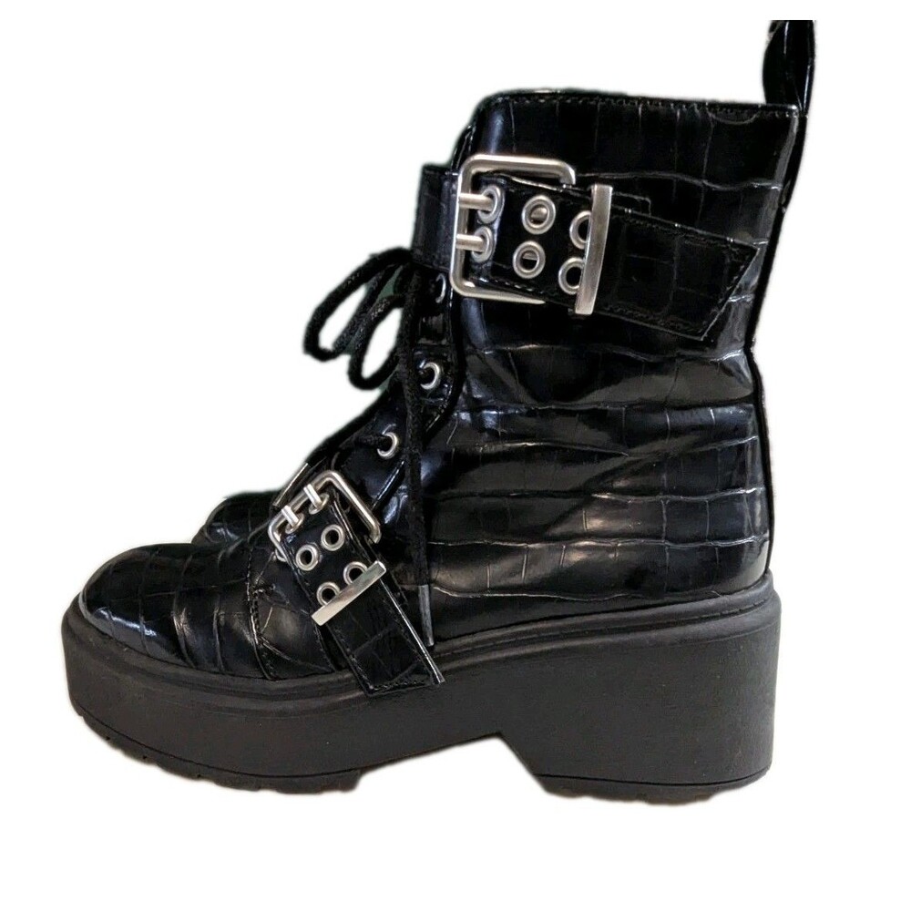 Forever 21 Black Croc Embossed Platform Combat Boots Buckle Moto Goth Sz 5.5